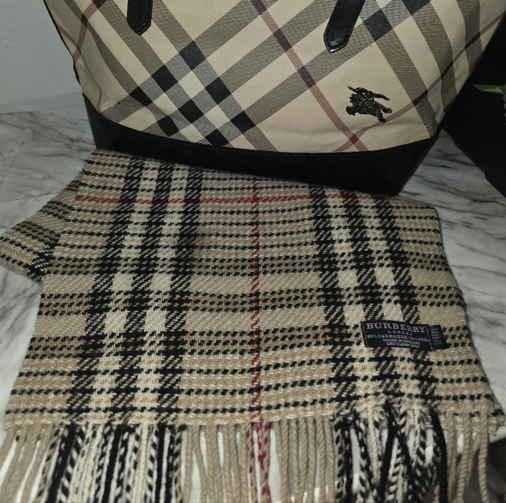 Burberry Tan and Black Checkered Scarf